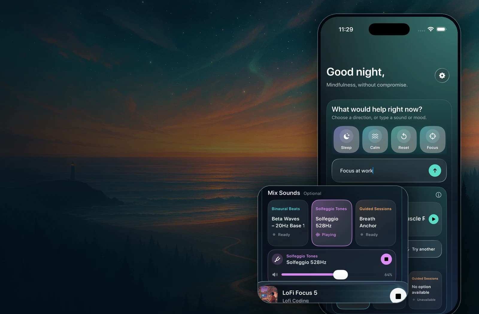 Quiet Harbour app home screen with a live sound layer