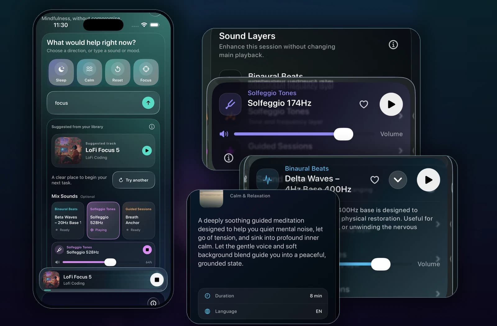 Quiet Harbour sound layering with Solfeggio, Binaural, and Guided controls